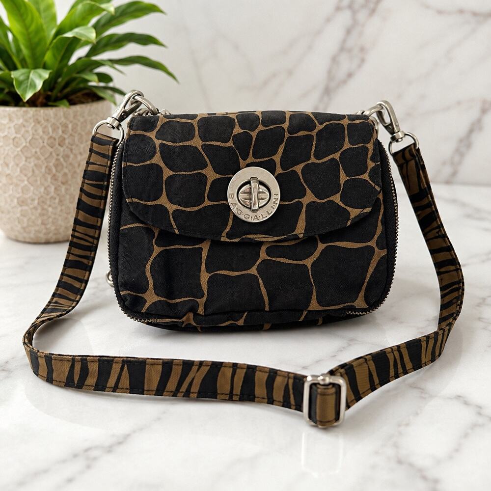 Baggallini Animal Print Crossbody Organizer Bag Brown Black Adjustable Strap